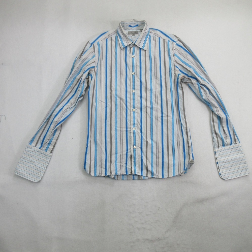 Ted Baker Shirt 3 Medium Striped Long Sleeve Blue Grey Cotton Button Up